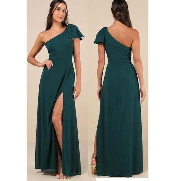 Lulus Simply Brilliant Emerald One-Shoulder Bow Maxi Dress Size Medium New NWT - Picture 1 of 5